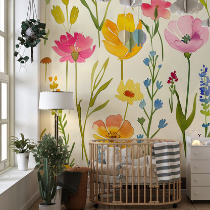 Kids-Mundo floral meadow wall mural styled in a playroom with soft natural light