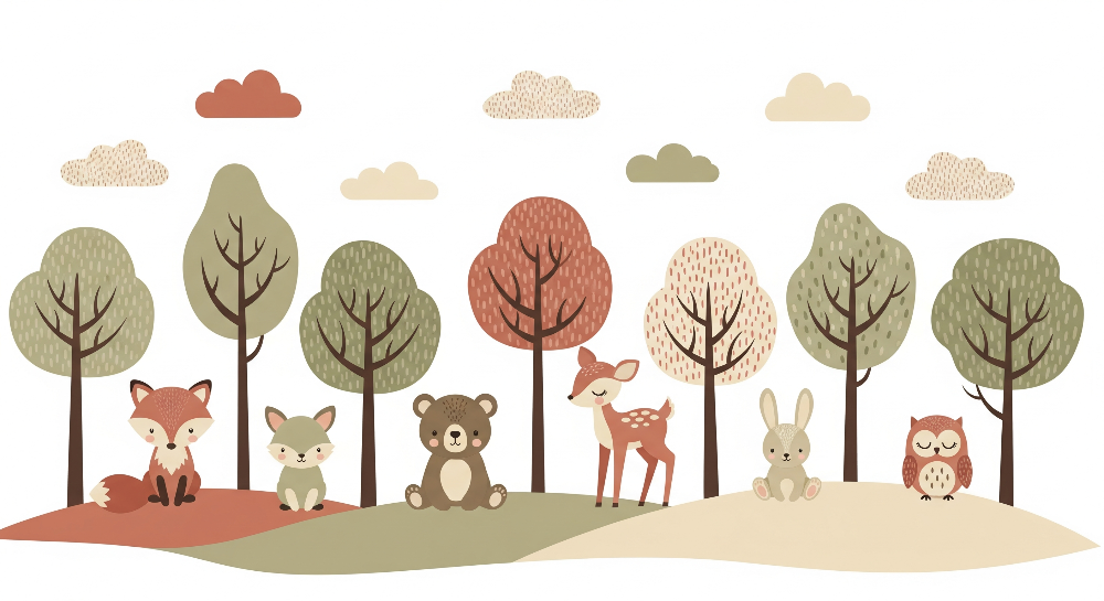 Kids-Mundo flat artwork of a colourful woodland friends wall mural design