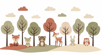 Kids-Mundo flat artwork of a colourful woodland friends wall mural design