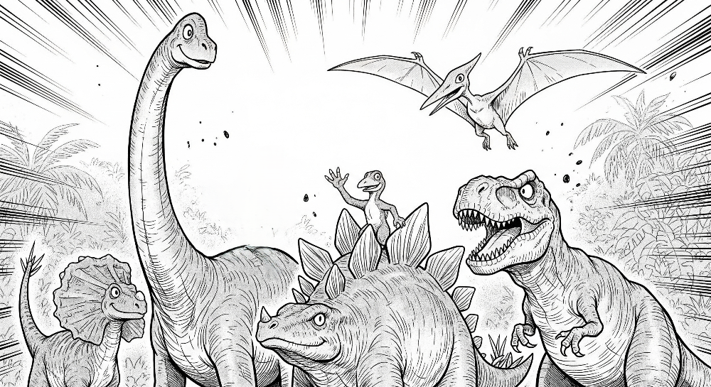 Kids-Mundo flat artwork of a black-and-white comic-style dinosaur adventure scene