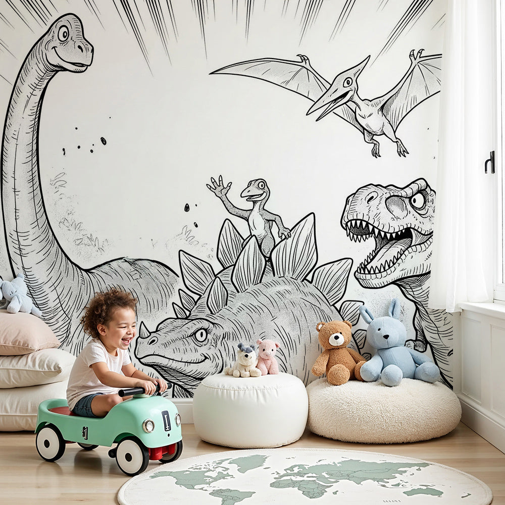 Kids-Mundo comic-style dinosaur mural in a monochrome nursery with cot and shelving