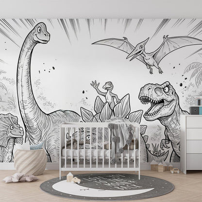 Kids-Mundo comic sketch dinosaur mural covering a playroom wall with reading corner