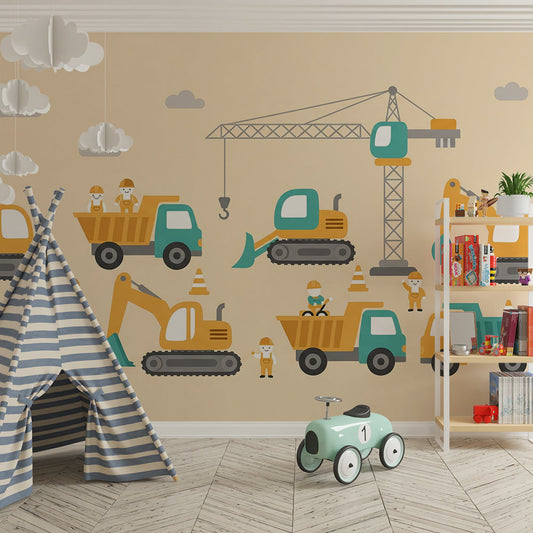 Kids-Mundo construction site wall mural styled in a fun children's bedroom