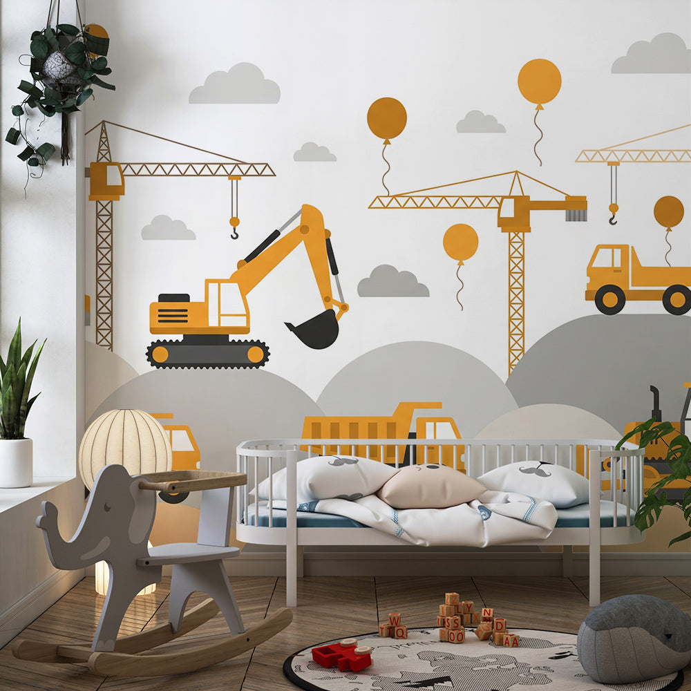 Kids-Mundo construction site wall mural with balloons brightening a children's playroom