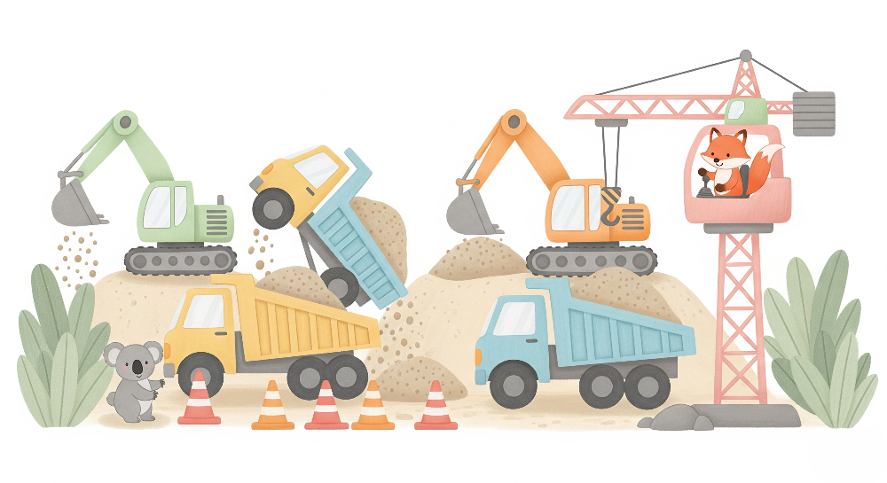 Flat artwork preview of the Kids-Mundo construction site wall mural with diggers, trucks and a crane.