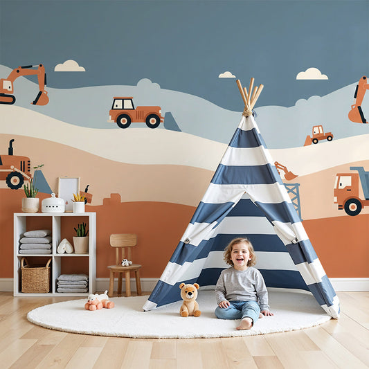 Kids-Mundo construction site wall mural with diggers and trucks in a bright, sunny nursery