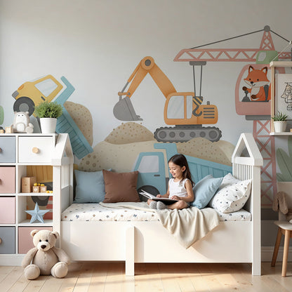 Kids-Mundo construction site wall mural with diggers and trucks styled in a bright toddler nursery.