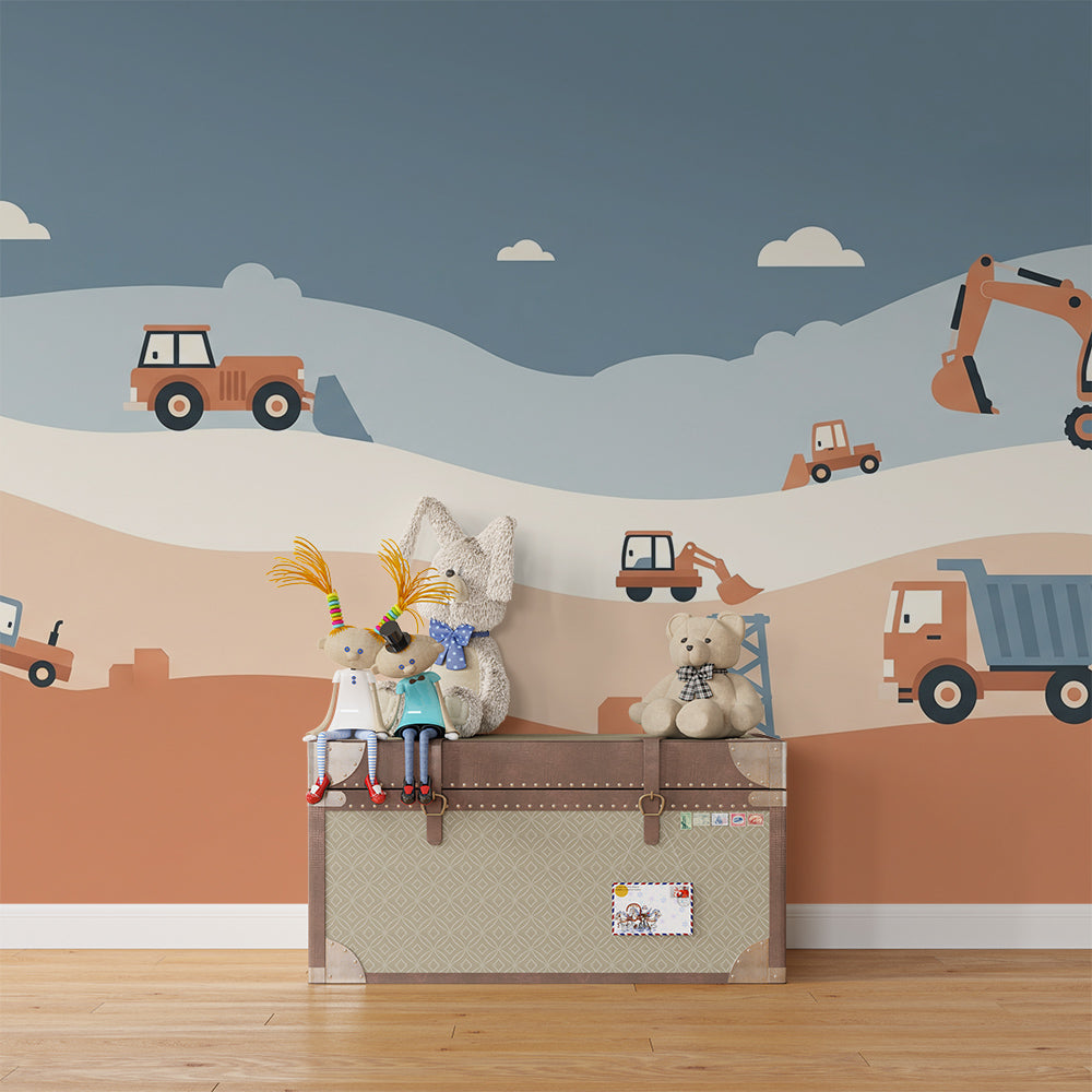 Kids-Mundo construction wall mural with diggers, trucks and a tractor filling a playroom wall