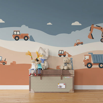 Kids-Mundo construction wall mural with diggers, trucks and a tractor filling a playroom wall