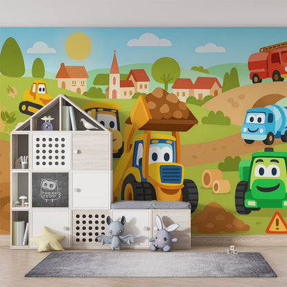 Kids-Mundo digger and truck wall mural shown covering a full wall in a child's bedroom
