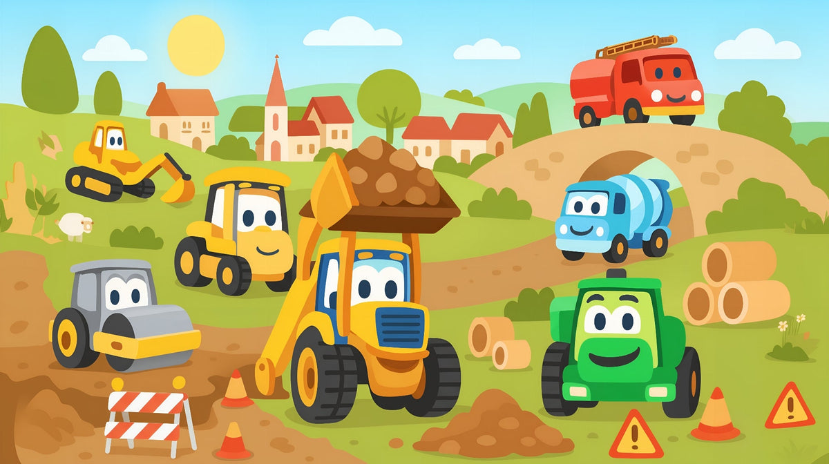 Happy Construction Site Diggers and Trucks Wall Mural