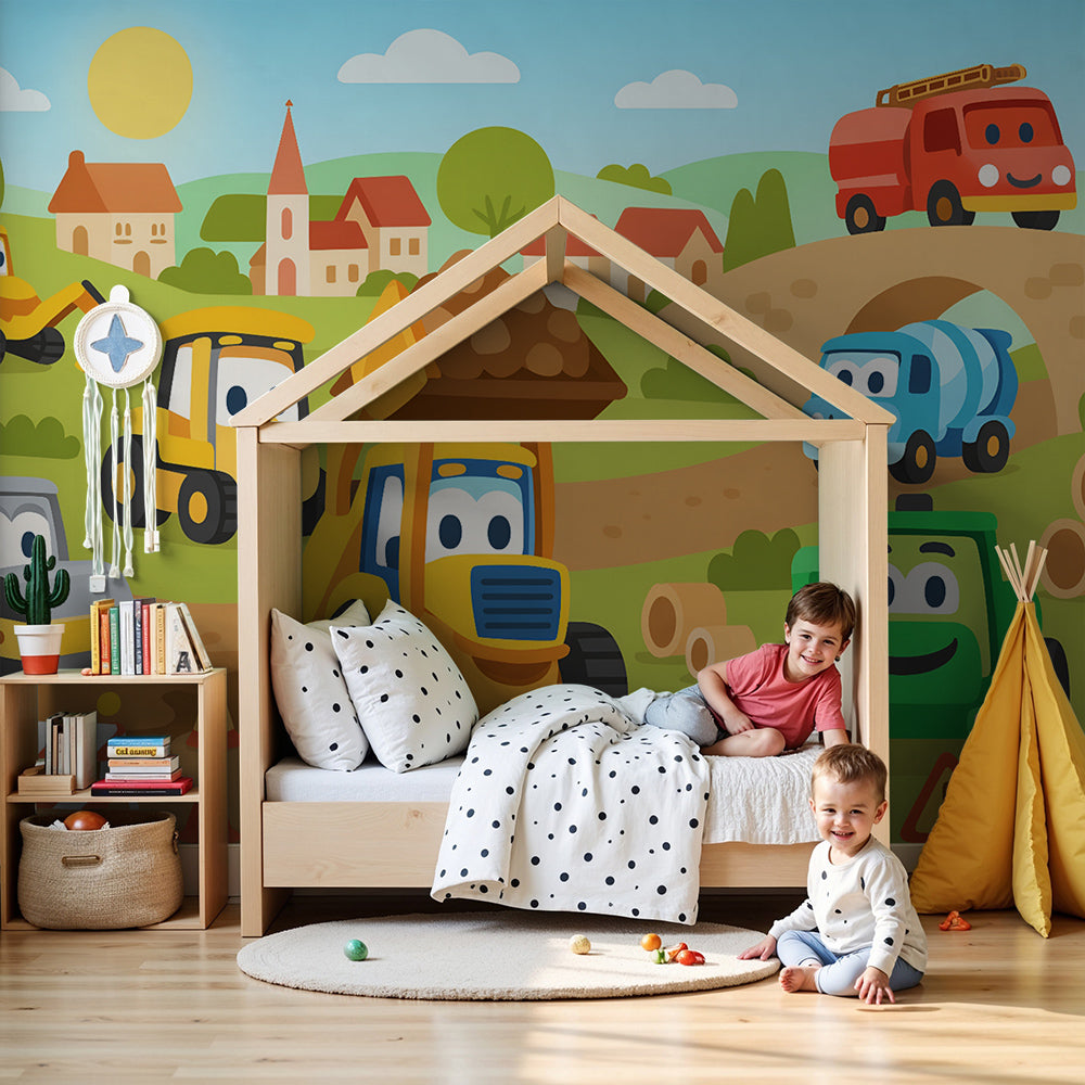 Kids-Mundo construction wall mural featuring diggers and trucks styled in a bright nursery room