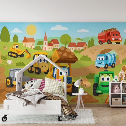 Kids-Mundo construction site mural with a fire engine and cement mixer in a playroom setting