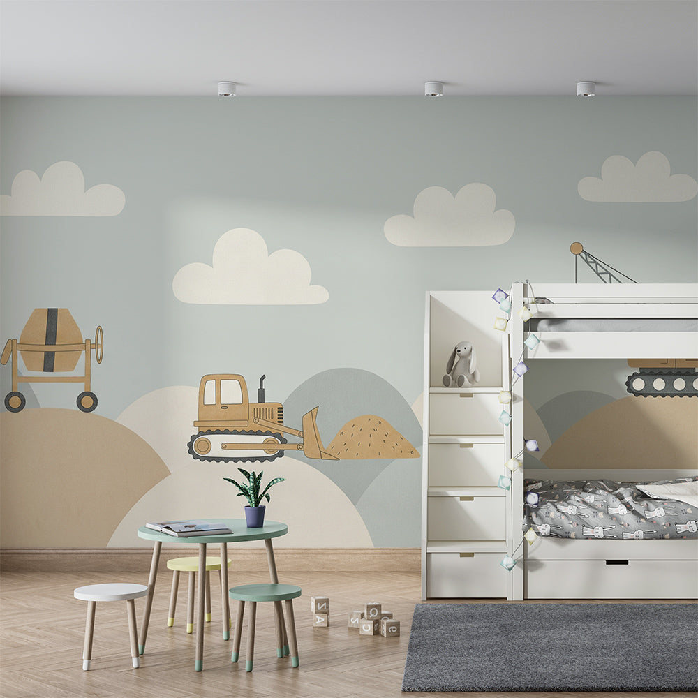 Kids-Mundo construction site wall mural behind a bed in a soft grey-mustard kids bedroom.