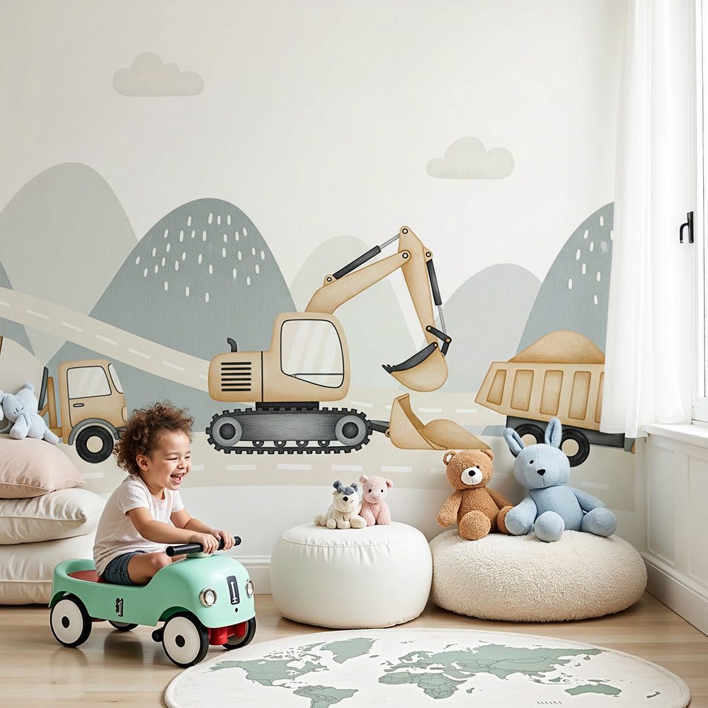 Kids-Mundo construction trucks convoy wall mural styled in a soft neutral nursery.
