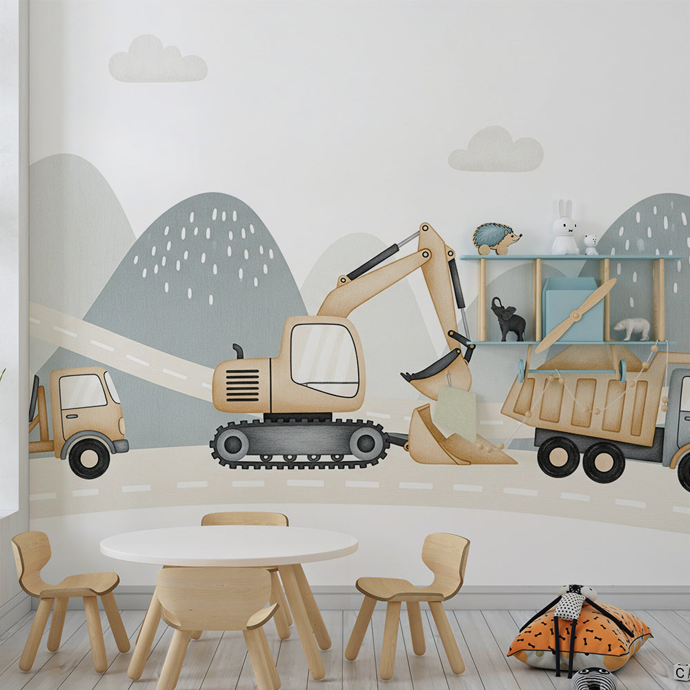 Kids-Mundo construction trucks convoy wall mural bringing action to a playroom wall.