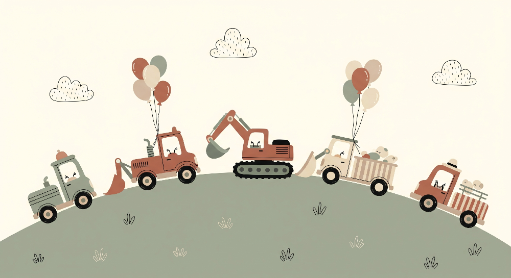 Construction Trucks and Balloons Wall Mural