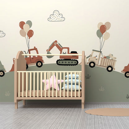 Kids-Mundo construction trucks and balloons wall mural filling a bright children's playroom wall