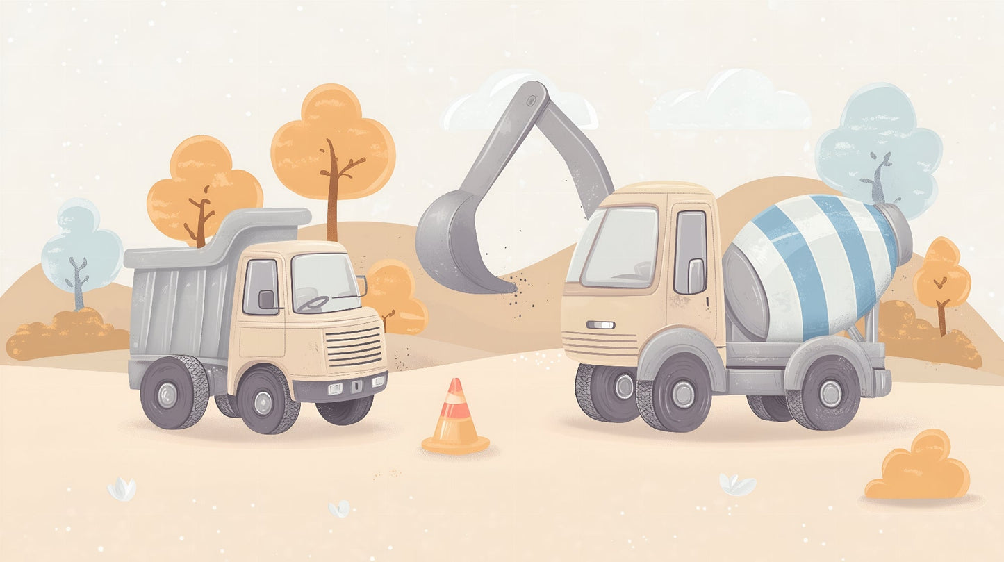 Kids-Mundo flat artwork of pastel construction trucks, a digger and a cement mixer on a building site.