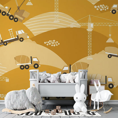 Kids-Mundo construction truck wall mural covering a wall in an energetic kids bedroom