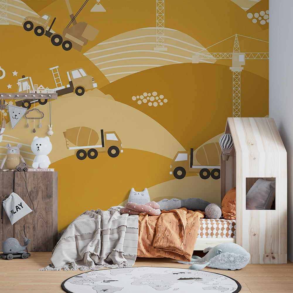 Kids-Mundo construction truck wall mural filling a playroom wall with cranes and trucks