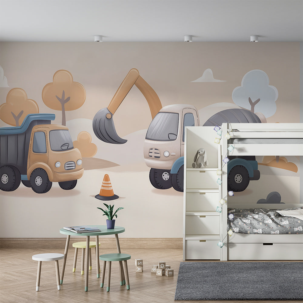 Kids-Mundo pastel construction trucks mural in a fun kids bedroom wall