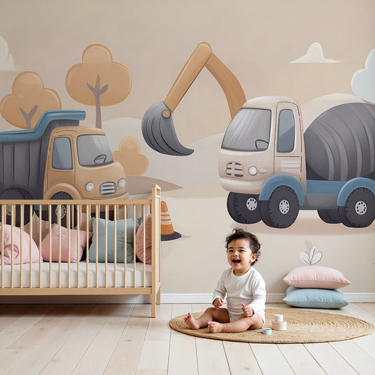 Kids-Mundo construction trucks wall mural styled in a soft beige nursery