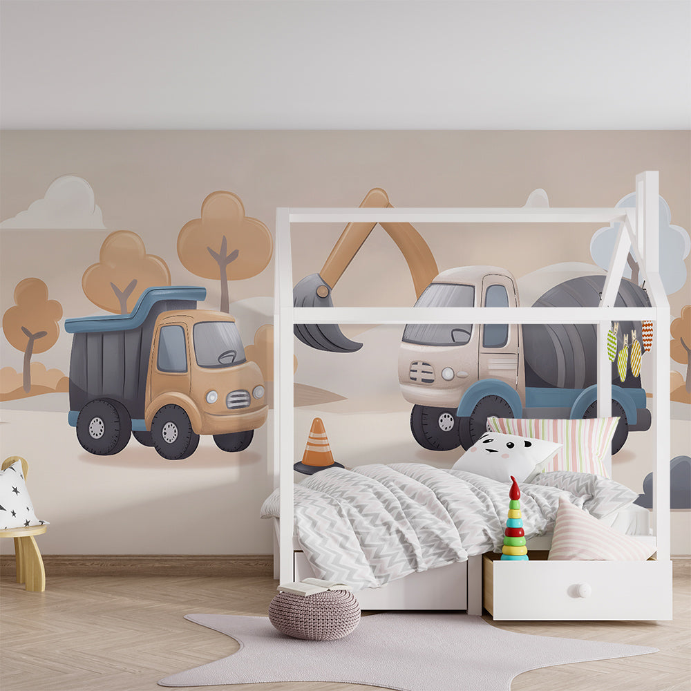 Kids-Mundo construction site wall mural bringing trucks to a lively playroom
