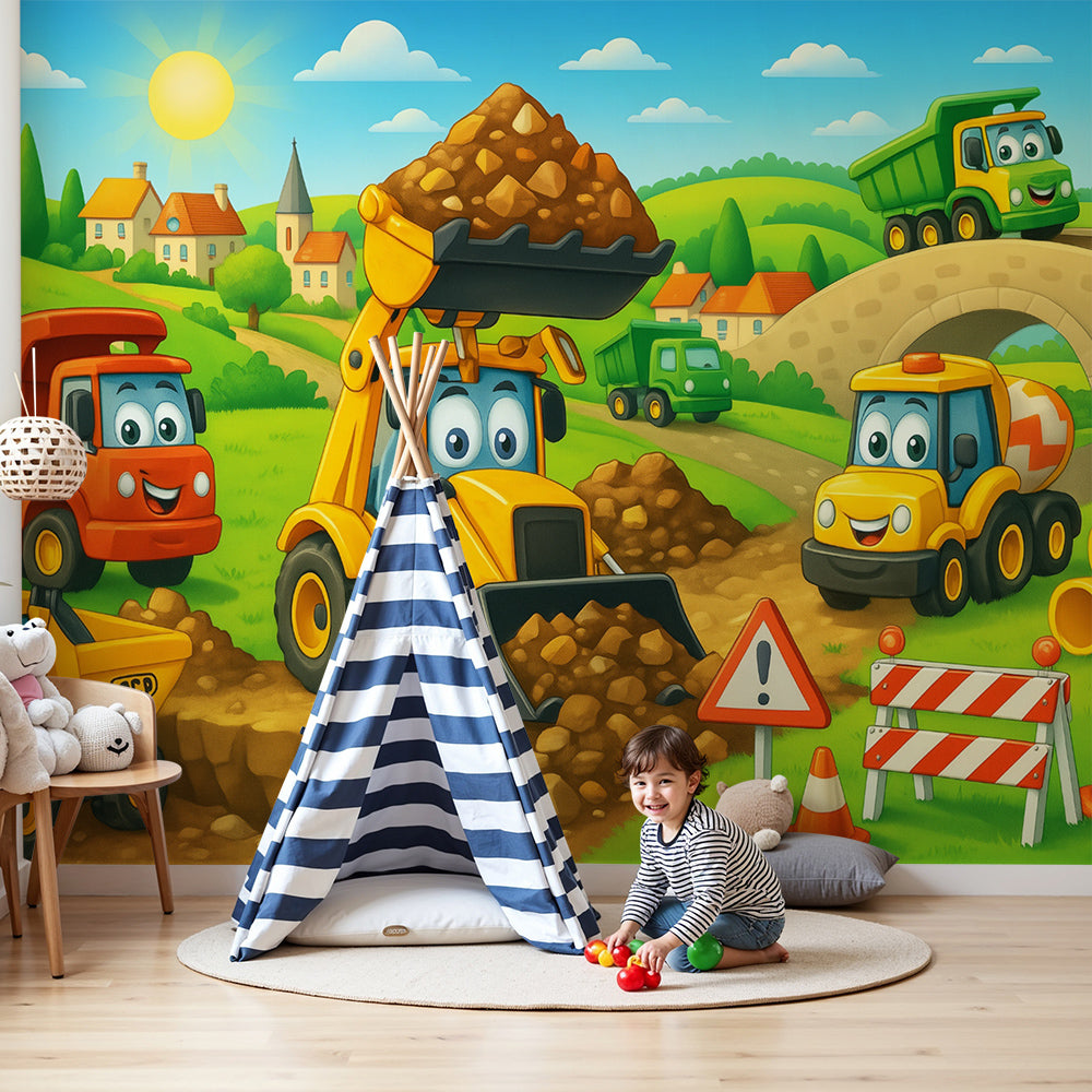 Kids-Mundo construction truck wall mural styled as cheerful nursery wallpaper