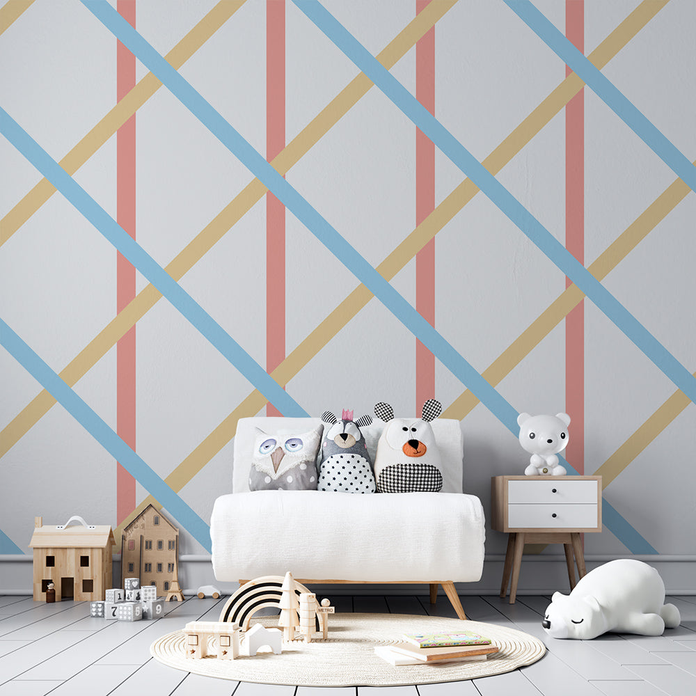 Kids-Mundo geometric lattice wall mural covering a feature wall in a playful kids bedroom