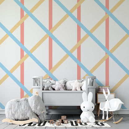 Kids-Mundo coral and blue lattice wall mural adding pattern to a children's playroom wall