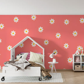 White flowers on coral background mural wallpaper decorating children's bedroom space