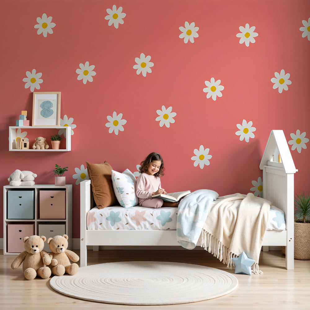 Coral floral mural wallpaper with white flowers in modern nursery room by Kids-Mundo