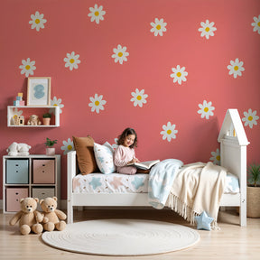 Coral floral mural wallpaper with white flowers in modern nursery room by Kids-Mundo