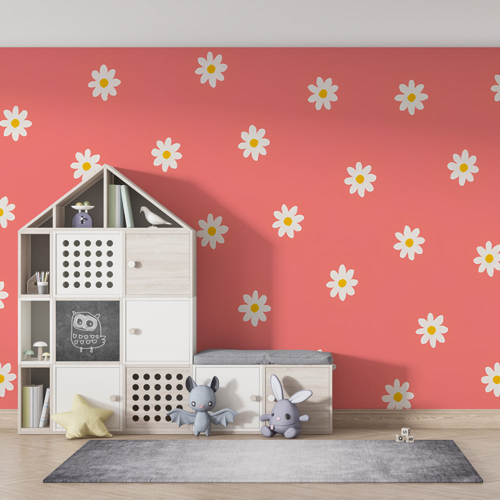 Coral and white floral wallpaper creating warm atmosphere in kids playroom interior