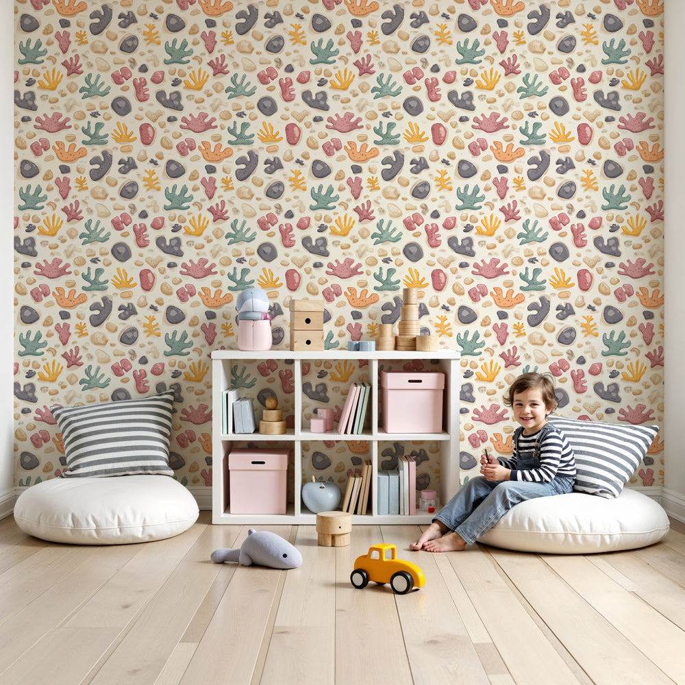 Coral ocean mural wallpaper in modern nursery with marine themed decor by Kids-Mundo