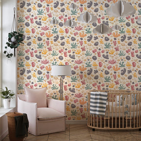 Marine motifs mural wallpaper with pink and green corals in kids playroom setting