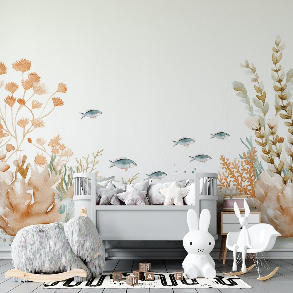 Pastel coral reef wallpaper with delicate fish design for modern baby bedroom by Kids-Mundo