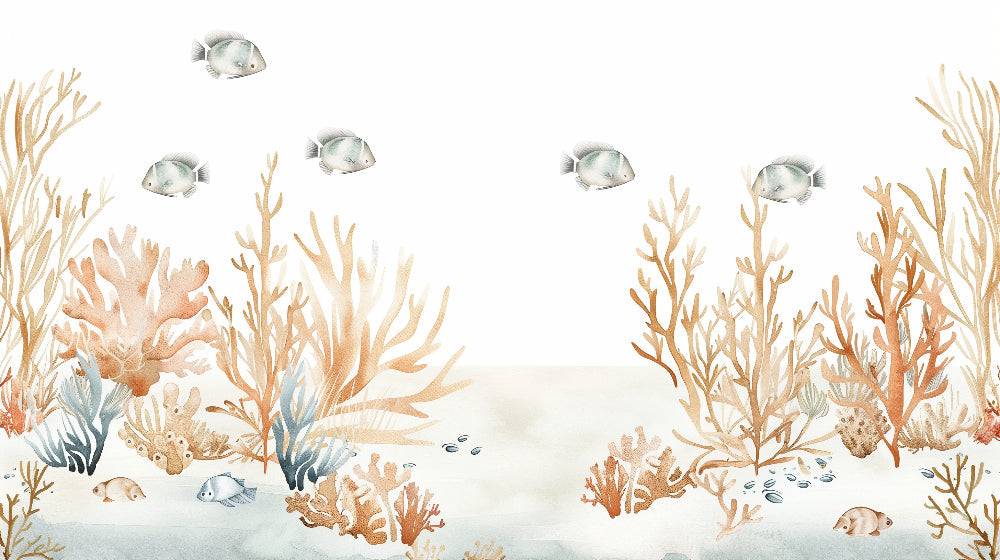 Detailed coral reef mural wallpaper design pattern with silver fish and beige coral by Kids-Mundo