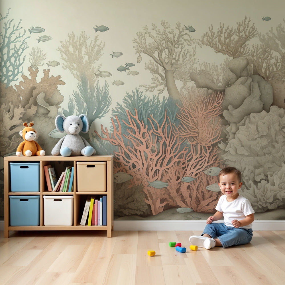 Vintage coral reef mural wallpaper creating serene underwater nursery decor by Kids-Mundo