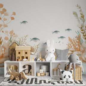 Ocean themed coral reef mural wallpaper creating serene underwater atmosphere in kids room by Kids-Mundo