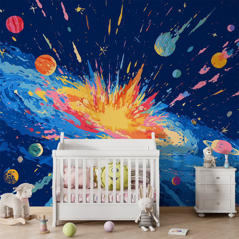 Kids-Mundo vivid cosmic explosion mural on a feature wall in a creative kids bedroom.