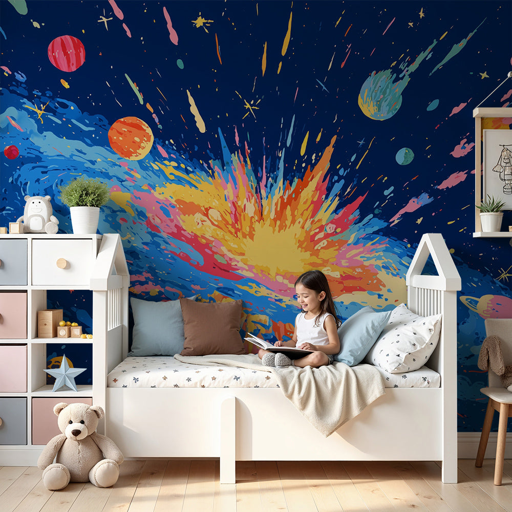 Kids-Mundo bold cosmic explosion wall mural in a bright, colourful nursery corner.
