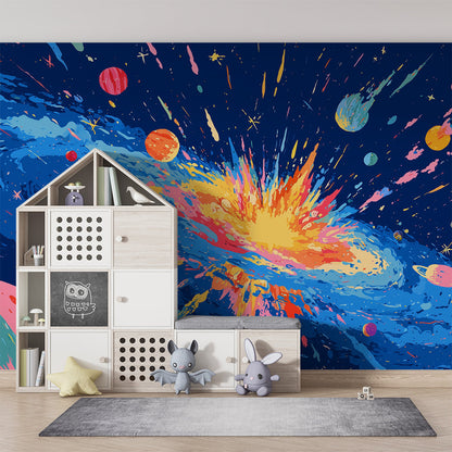 Kids-Mundo pop-art cosmic explosion mural covering a lively playroom wall.