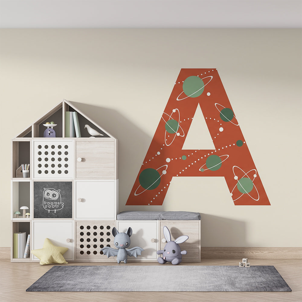 Kids-Mundo space letter A mural adding fun to a modern kids bedroom wall