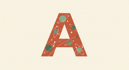 Kids-Mundo flat artwork of a terracotta letter A decorated with planets and orbits