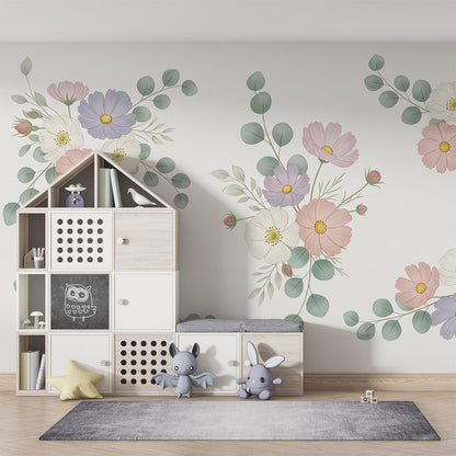 Kids-Mundo floral bouquet mural brightening a calm children's playroom reading corner