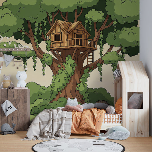 Kids-Mundo treehouse wall mural bringing a leafy tree and hedgehog to a kids bedroom wall