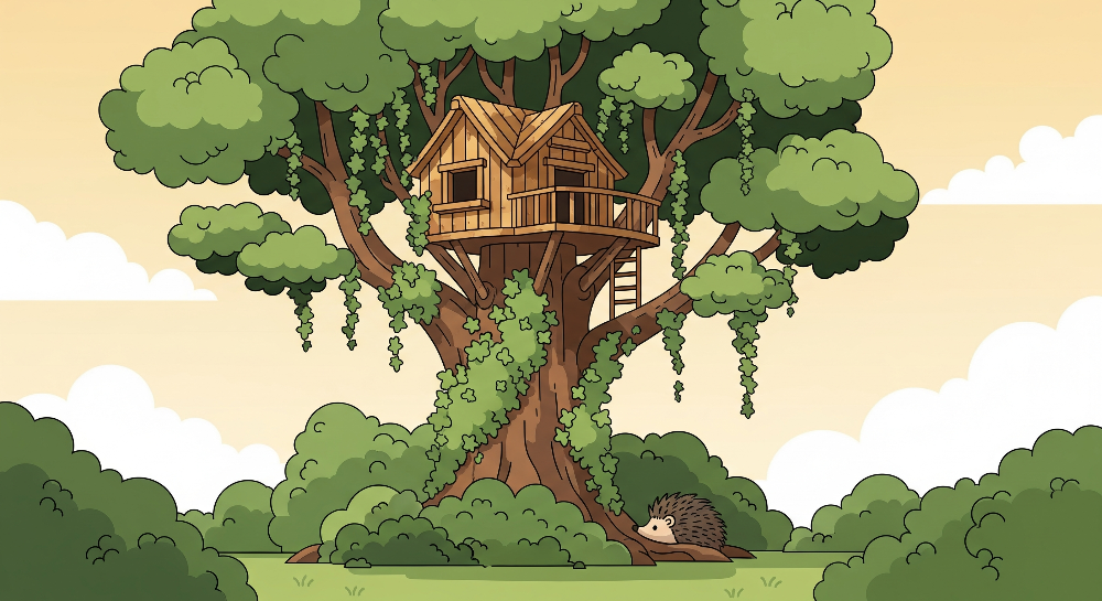 Treehouse in the Woods with a Hedgehog Wall Mural