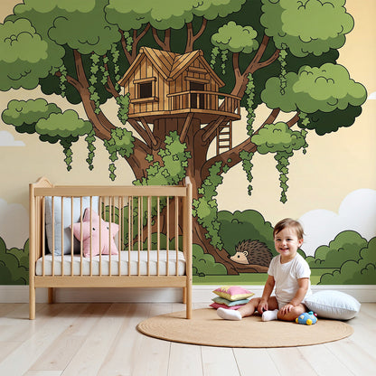 Kids-Mundo treehouse wall mural with a cosy wooden treehouse printed in a nursery